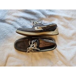 EUC Women's Sperry Top Sider Boat Slip-On Shoes Grey Leather Sequin Size 7